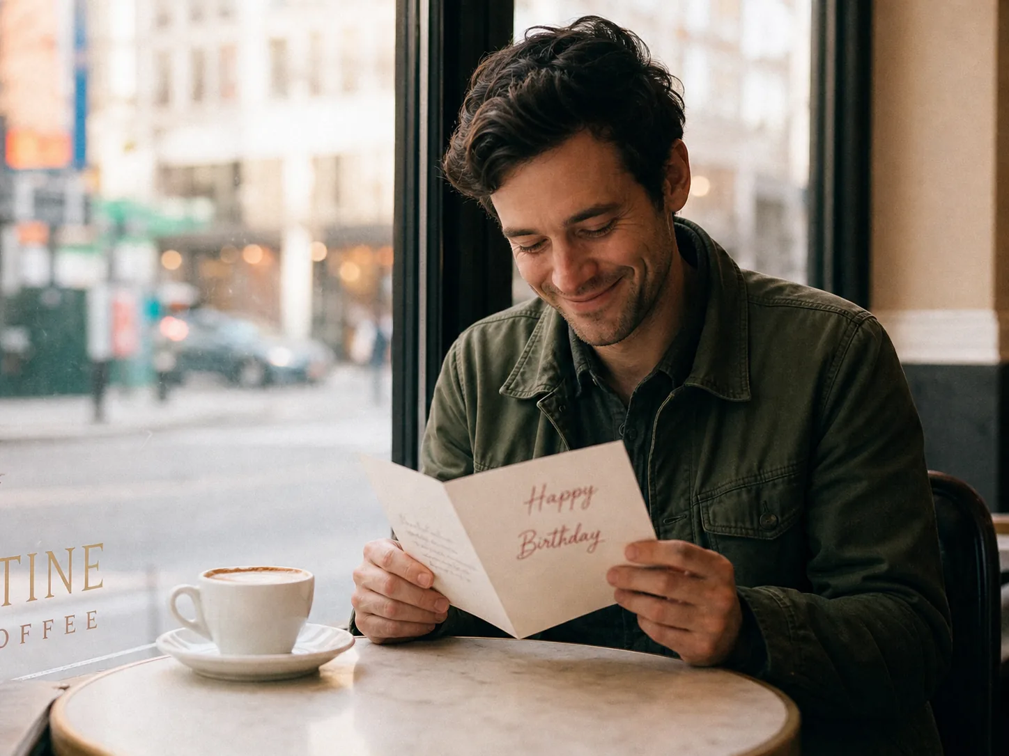 Man reading his Braille birthday card and smiling